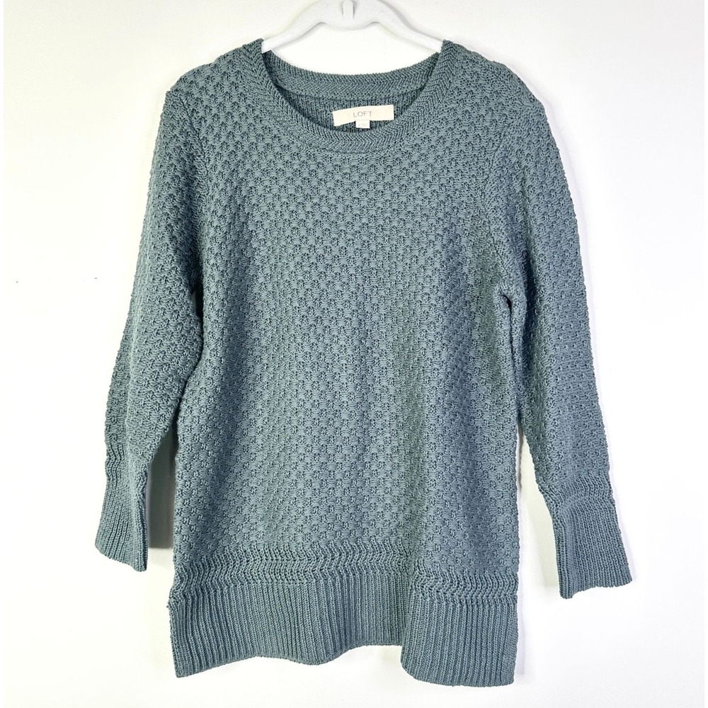 LOFT Sweater Women M Blue Green 100% Cotton Textured Side Slits Cottagecore NWOT